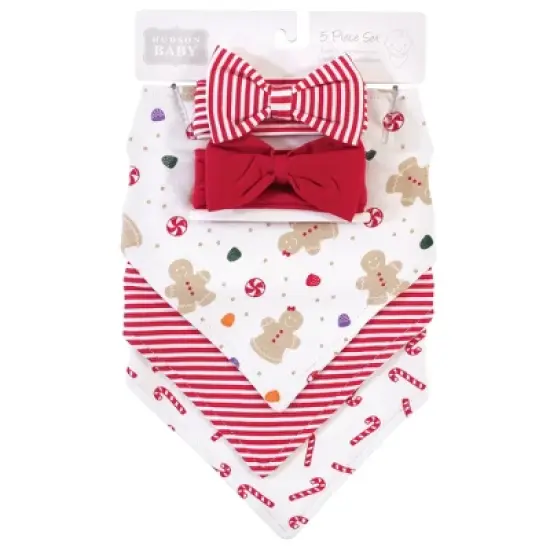 Hudson Baby Infant Girl Cotton Bib and Headband Set 5pk, Sugar Spice, One Size image {1}