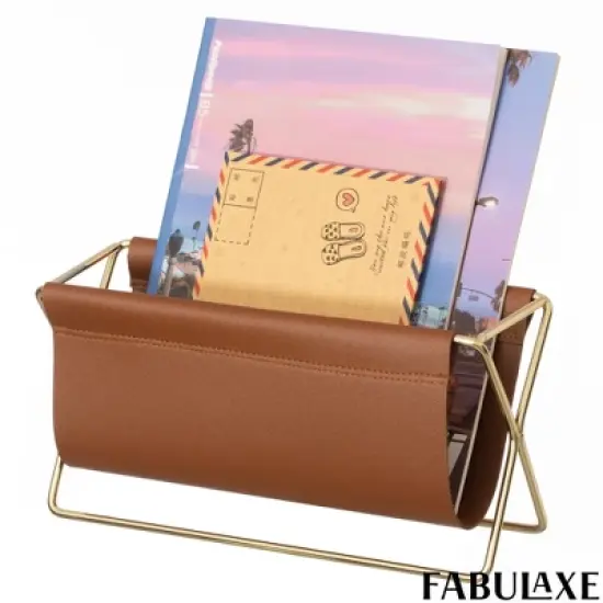 Fabulaxe Gold-Tone Metal Magazine Rack with Brown Faux Leather Sling Freestanding Organizer for Magazines Newspapers & Files image {9}