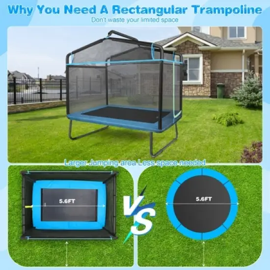 SUGIFT 3-in-1 Rectangle Kids Trampoline w/ Swing Horizontal Bar & Safety Net Outdoor image {7}