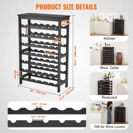 VEVOR 42 Bottle Modular Wine Rack, 7-Tier Solid Bamboo Wood Storage Racks with Table Top, Floor Freestanding Wines Holder Display Shelf, Black image {7}