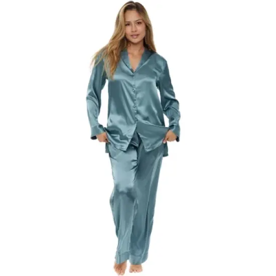 Womens Satin Pajamas Lounge Set, Silk like Long Sleeve Top and Pants with Pockets image {5}