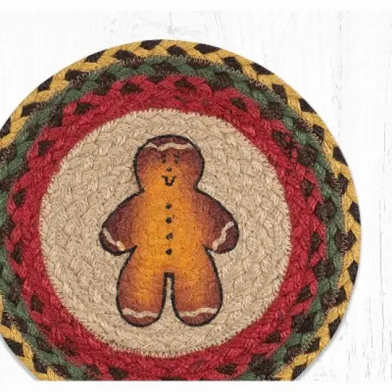 Earth Rugs Gingerbread Man Round Trivet &ndash; 10"x10" Braided Jute Accent with Festive Holiday Print image {1}