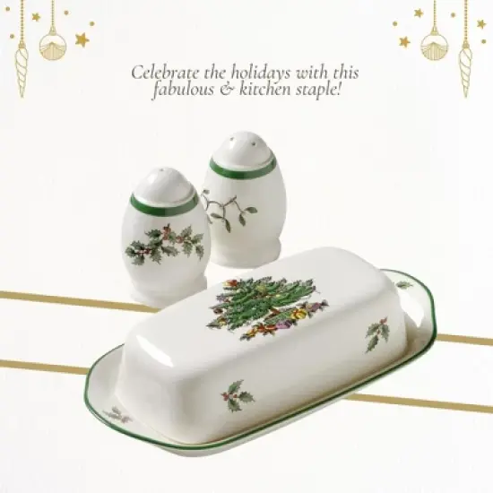 Spode Christmas Tree 3-Piece Hostess Set - Butter Dish with Lid, Salt Shaker, Pepper Shaker  - Dishwasher Safe Collectible Gift Set image {4}