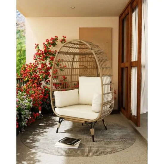 Egg Chair, Wicker Egg Chair with Plush Cushion, Steel Frame and Metal Base, Lounge Chair for Indoor & Outdoor Patio, Living Room, and Backyard image {5}