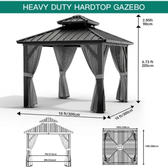 Garvee 10'x10' Outdoor Gazebo, Hardtop Double Roof Canopy with Netting and Curtains, Gazebo Galvanized Iron Aluminum Frame Garden Tent(Gray) image {1}