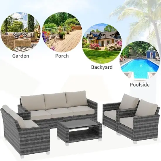 Outdoor Wicker Patio Furniture Sectional Set, Glass Top Table with Hidden Storage, Includes 7 Seating Components, Natural Rattan with Cushions image {3}