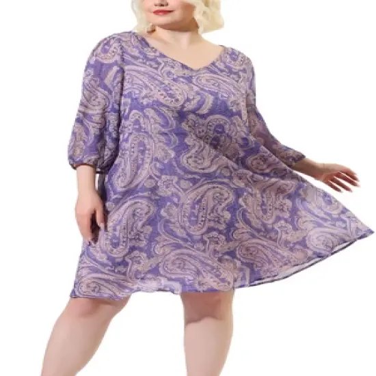 Agnes Orinda Women's Plus Size Elegant Floral Belted Waist 3/4 Sleeves Chiffon Dress image {1}