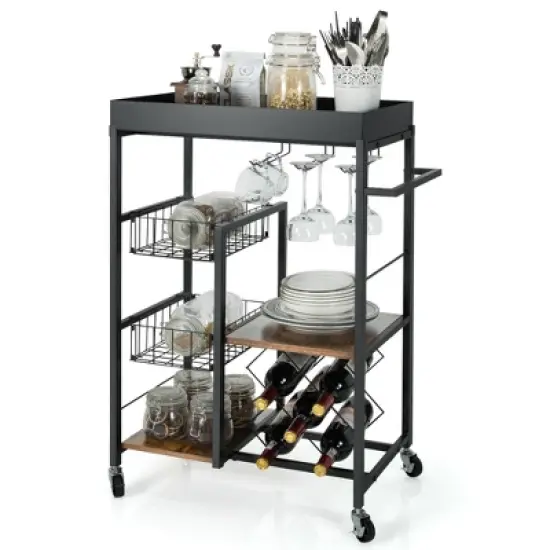 Costway 4-Tier Kitchen Carts  Rolling Serving Trolley Wine Rack Removable Tray Basket image {8}