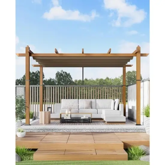 10x10ft Outdoor Aluminum Pergola Retractable UPF50+ Canopy, Wood Grain Frame, Khaki Curtain, Tool-Free Assembly image {3}