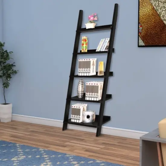 72.25" Exhibiting Modern Ladder Bookshelf Black Universe - Benzara image {4}