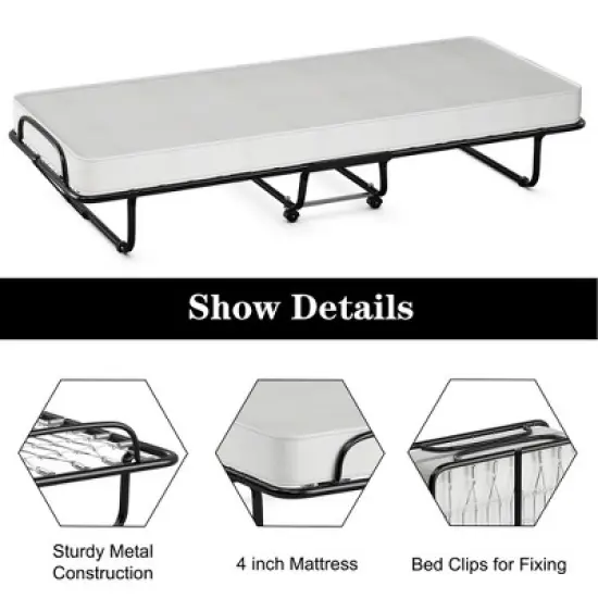 Costway Rollaway Folding Metal Bed Memory Foam Mattress Cot Guest Made in Italy image {6}