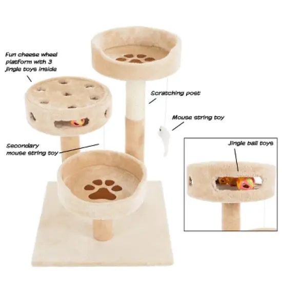 3-Tier Cat Tree - 2 Carpeted Napping Perches, Sisal Rope Scratching Post, Hanging Mouse, and Interactive Cheese Wheel Toy by PETMAKER (Tan and Brown) image {2}