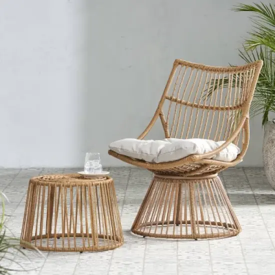 2pc Caryl Outdoor Faux Wicker Chair & Side Table Set with Cushion, UV Protection - Christopher Knight Home image {4}