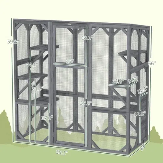 Resenkos Cat Cage, Cat Crate Kennel Enclosure Playpen,Large Wooden Catio Outdoor with 6 Jumping Platforms, Weatherproof Roof,Gray image {3}