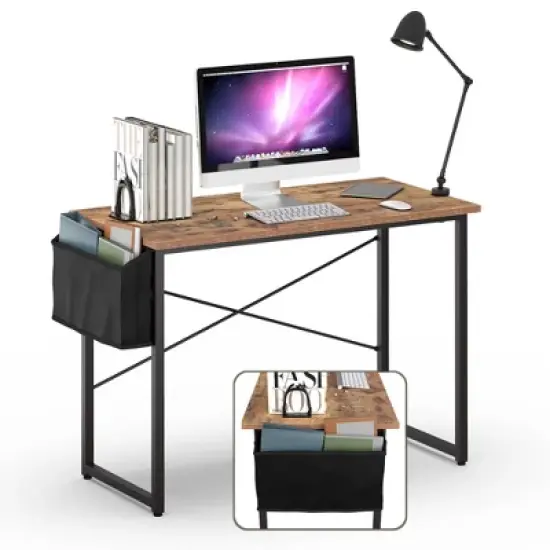 Costway 40''Modern Computer Desk Study Writing Table w/ Storage Bag Black/Coffee/Brown image {12}