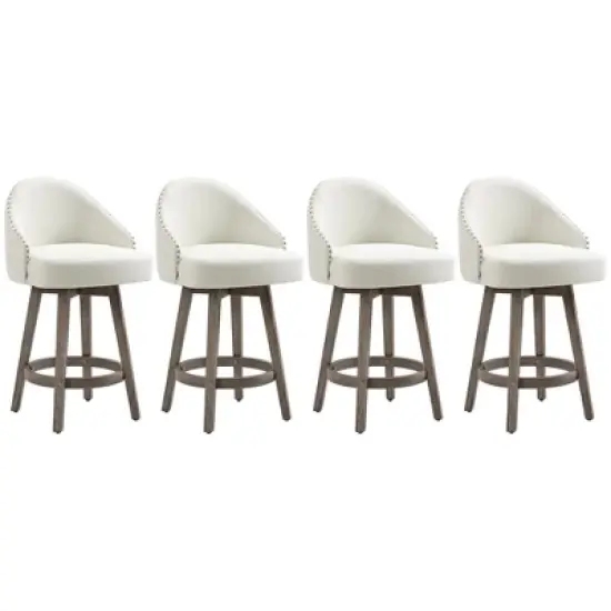 HOMCOM Bar Stools Set of 4, Linen Fabric Kitchen Counter Stools with Nailhead Trim, Rubber Wood Legs and Footrest for Dining Room, Pub, Cream White image {3}