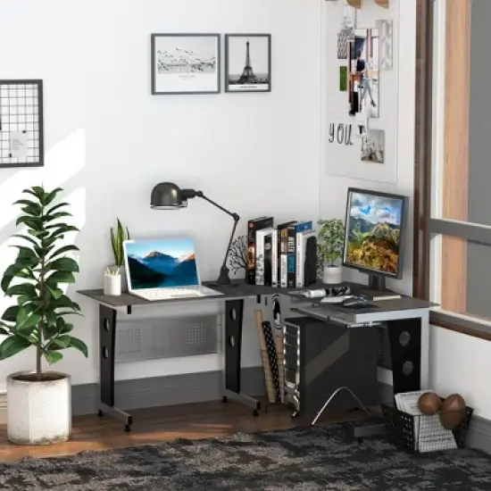 HOMCOM L-Shaped Corner Computer Desk Gaming Table Home Office Workstation Glass Top P2 MDF with Keyboard Tray - Black image {2}