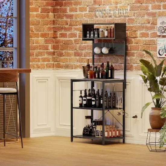 Kitchen Bakers Rack with Power Outlet, Microwave Stand, 4 Tiers Coffee Bar Station, Kitchen Storage Shelf w/Hooks, Rack for Spices, Pots Pans image {6}