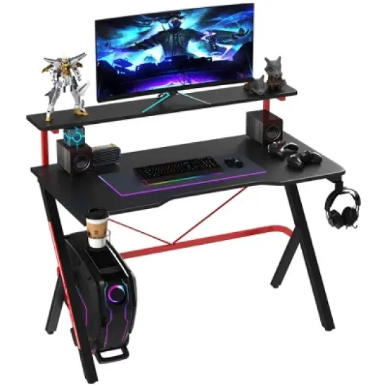 RISOKEYS 47 Inch Gaming Computer Desk, With Elevated Monitor Shelf, Rotatable Cup Holder & Headphone Hook,for Home Office, Games, Study,(Table only) image {8}