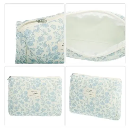 Unique Bargains Durable Medium Quilted Makeup Bag White Blue 1 Pc image {2}