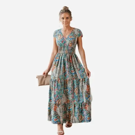 Women's Paisley Print V-Neck Maxi Dress - Cupshe image {7}