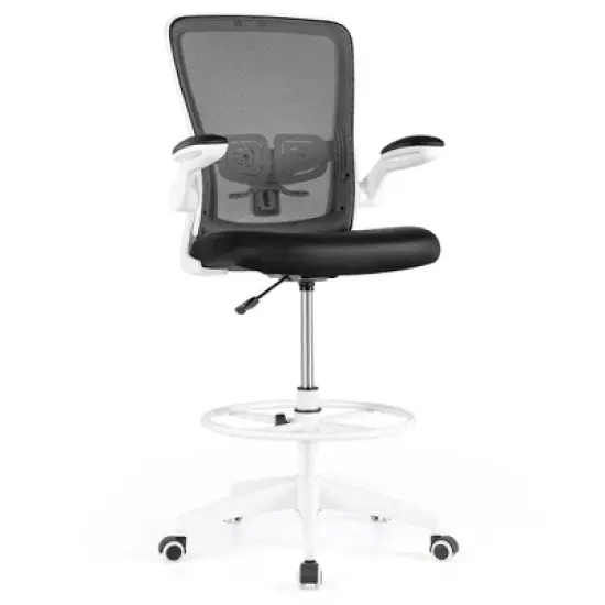 Costway Adjustable Swivel Drafting Chair with Flip-Up Armrests Adjustable Lumbar Support Black&White/Black image {11}