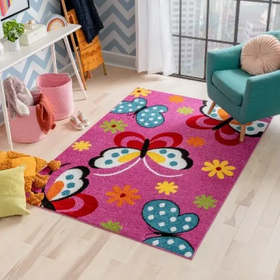 Well Woven Modern Daisy Butterflies Bright Kids Room Carpet Soft Durable Pink Area Rug image {6}