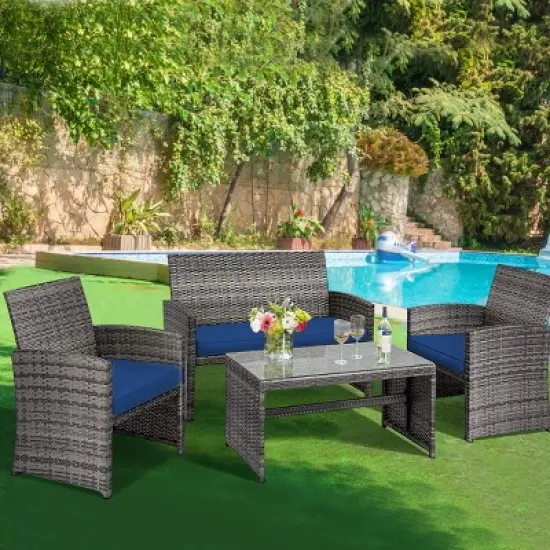 Tangkula 4-Piece Outdoor Patio Furniture Set Rattan Wicker Conversation Sofa Set Navy image {1}