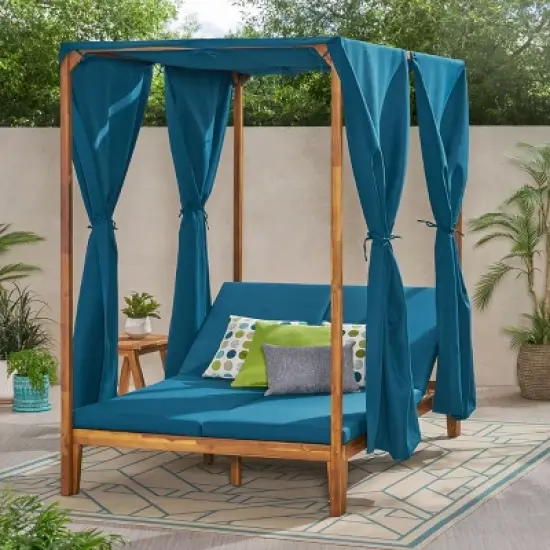 Christopher Knight Home Leaverton Outdoor Acacia Wood 2 Seater Adjustable Daybed with Curtains image {8}