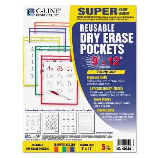 C-Line Reusable Dry Erase Pockets 9 x 12 Assorted Primary Colors 5/Pack 40630 image {2}