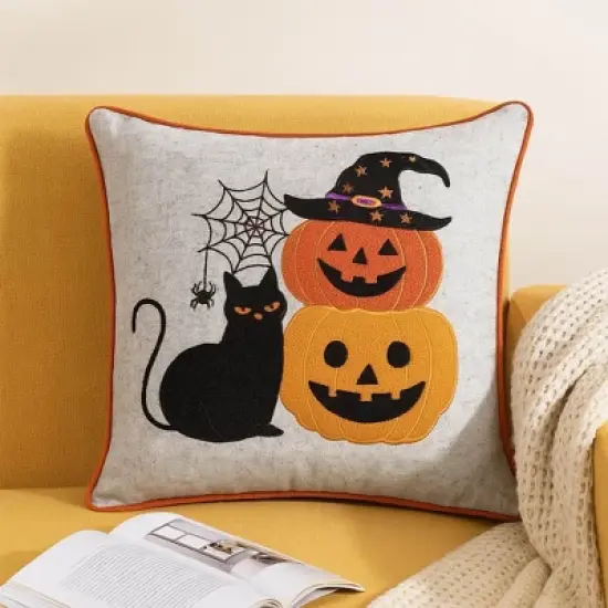 YOOCOZZ Halloween Decoration Halloween Black Cat & Pumpkin Stack Throw Pillow image {4}