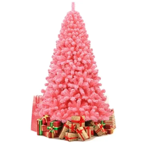Costway 4.5/6.5/7.5 ft Snow Flocked Hinged Artificial Christmas Tree w/ Metal Stand Pink image {9}