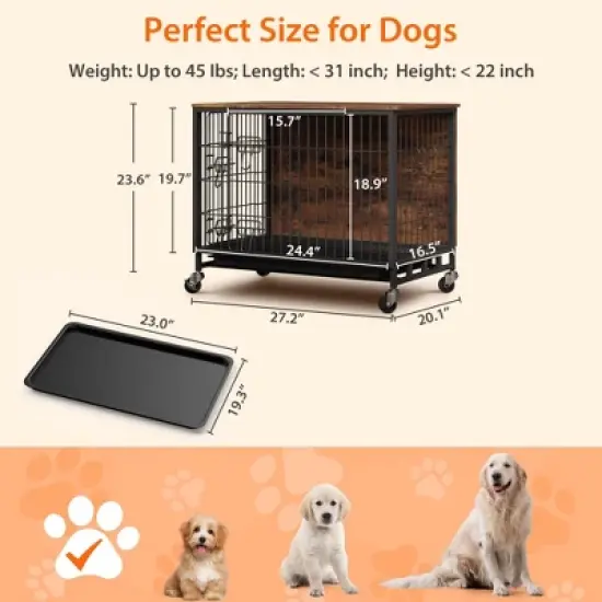 2 in1 Furniture Style Dog Crate, MDF Metal Dog Crate, Indoor Pet Kennel Cage with Shelves & Moveable Tray & Wheels, Puppy House for Home, Farmhouse image {5}