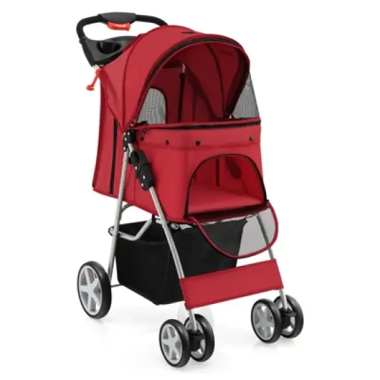 Costway 4 Wheel Pet Stroller w/ Storage Basket & Tray Adjustable Canopy Pets Burgundy image {9}