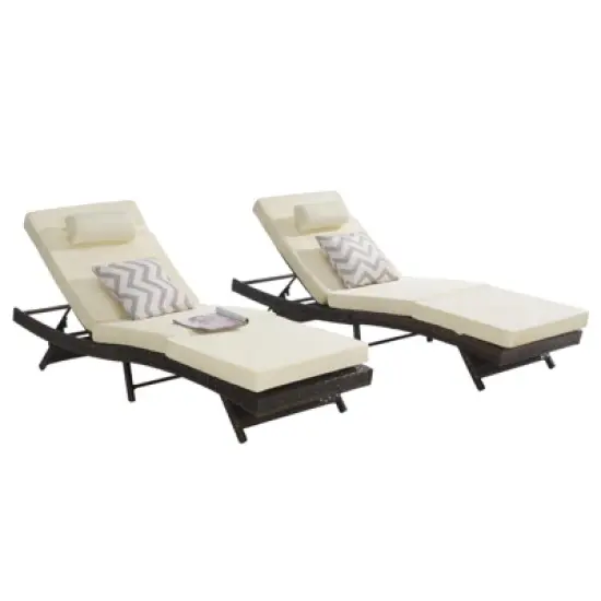 Outdoor Chaise Lounge Chair Set of 2, Wicker Reclining Lounge with Adjustable Backrest & Cushion, Sunbathing Chair for Patio Pool Garden image {5}