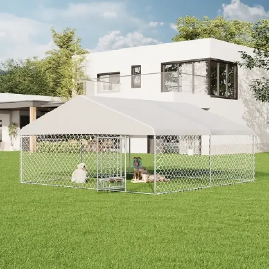 EROMMY 13'X13' Large Outdoor Dog Kennel, Heavy Duty Outdoor Dog Kennel With Waterproof Cover And Rotating Feeder image {9}