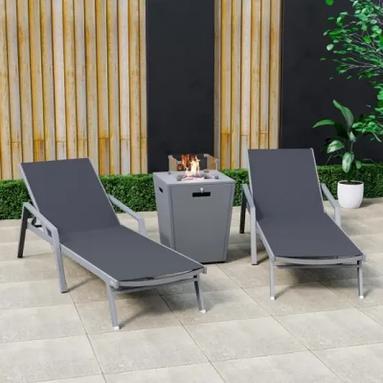 LeisureMod Marlin Patio Lounge Chairs with Arms and Fire Pit Side Table - Grey Trim, Set of 2 image {1}