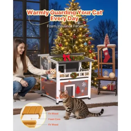 VEVOR Insulated Cat House, 2-Story Wooden Cat Shelter, Foam Insulation, Feral Kitty Shelter with Balcony, Waterproof Cats Condos, White&Grey image {2}