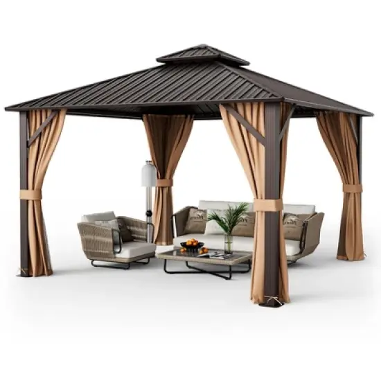 Tangkula 12' x 12' Double-Roof Hardtop Gazebo with Galvanized Steel Roof Netting Curtains image {10}