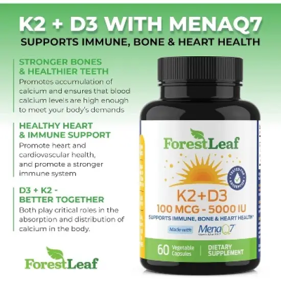 Forest Leaf K2 + D3 100 MCG - 5000 IU Formula, Supports Immune System, Bone & Heart Health - 60 Caps image {4}