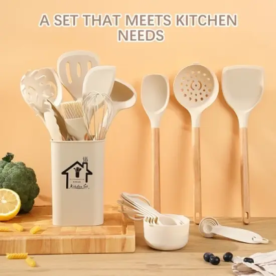 SKONYON 22-Piece Silicone Kitchen Utensil Set with Wooden Handles, Holder, Measuring Cups & Spoons, Nonstick-Safe image {1}