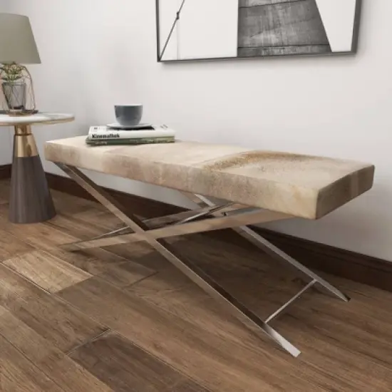 Contemporary Stainless Steel Cowhide X-Bench Beige - Olivia & May image {7}