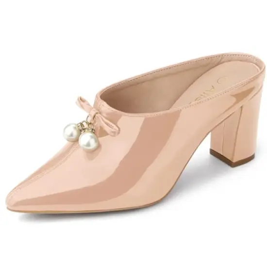 Allegra K Women's Pointed Toe Pearl Bow Chunky Heel Slides Mules image {9}