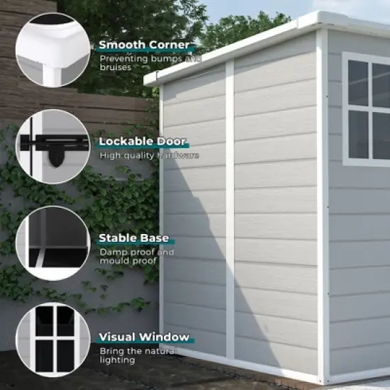 6x6 FT Outdoor Resin Storage Shed , Waterproof,with Floor & Window & Lockable Doors and Vents, Tool Shed for Bike,Garden,All Weather Use, Light Grey image {4}