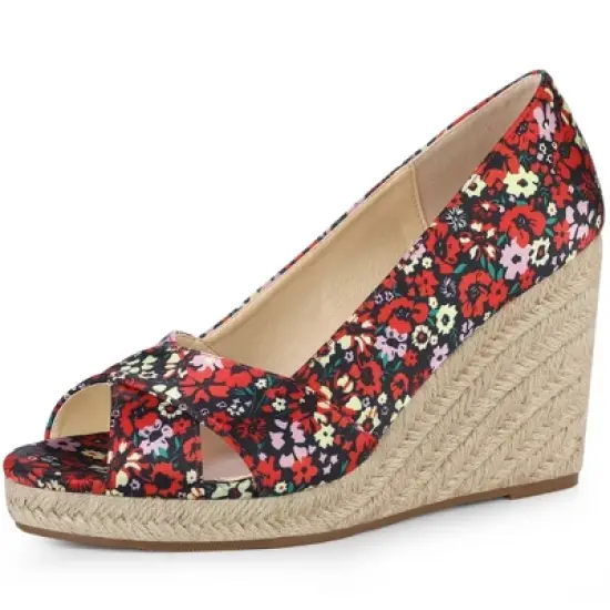 Allegra K Women's Peep Toe Platform Pumps Floral Espadrille Wedge Sandals image {7}