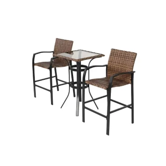 FIONECA 3-Piece Outdoor Rattan Bar Stool Set with Glass Table Top &uml;C Wicker Bar Chairs for Backyard, Garden, Pool, Balcony, and Deck, Brown image {4}