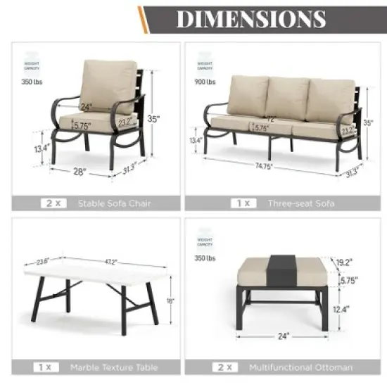 Captiva Designs 6pc Metal Patio Furniture Conversation Set with Armchairs and Ottomans for Garden Porch Backyard image {1}