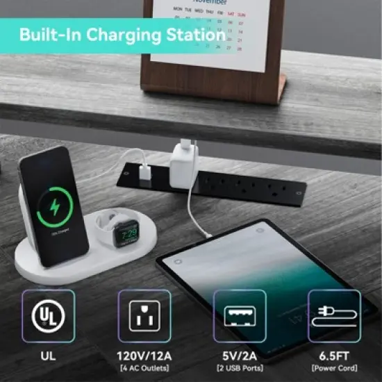 Computer Desk with Power Outlets, 61,4" L Shaped Desk with Full Monitor Stand & Storage Shelves, Corner Desk Gaming Desk, Ergonomic Home Office Desk image {3}