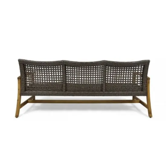 3-Person Outdoor Wicker Woven Patio Sofa,Lounge Sofa with Slatted Acacia Wood Arms,Modern Wooden Sofa for Deck or Backyard-Coolbibila image {5}