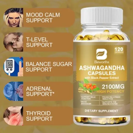 B Beworth Extra Strength Ashwagandha 2100 mg Supplement, 120 Capsules image {4}
